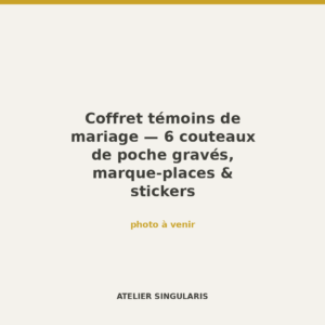 Coffret témoins de mariage — 6 couteaux de poche gravés, marque-places & stickers